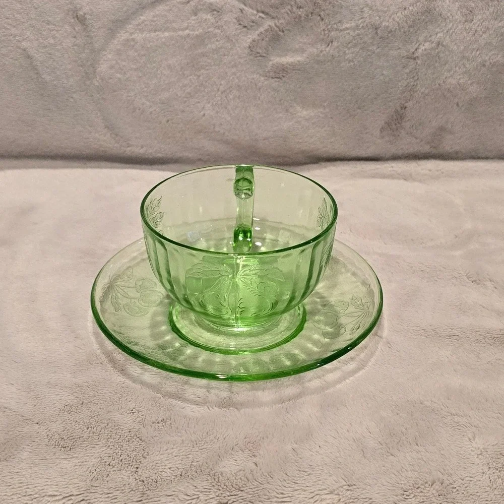 Vintage Hazel Atlas Green Uranium Glass Fruit Pattern Tea Cup and Saucer Set